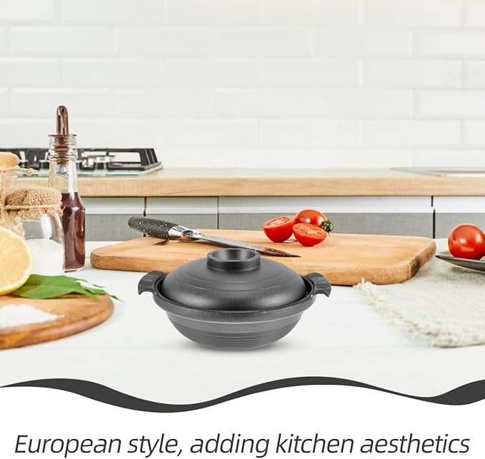 PartyKindom 16cm Ceramic Casserole Dish with Lid - Small Porcelain Cooking Pot for Individual Bibimbap, Soup and Stew - Oven & Gas Safe Stone Bowl for Korean & Japanese Cuisine, Black