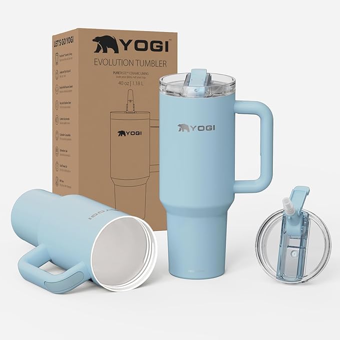 YOGI Ceramic Lined Metal Allergy Safe 30oz Tumbler with Handle and Straw Leakproof Flip & Sip Lid Vacuum Insulated Stainless Steel Travel Cup for Iced Coffee Water and All-Day Hydration 30oz Cielo