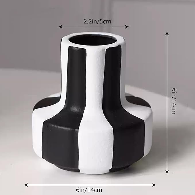 Modern Nordic Black and White Striped Ceramic Vase – Rough-Textured Minimalist Tabletop Decor for Living Room, Bedroom, Office – Unique Centerpiece for Wedding or Housewarming Gift