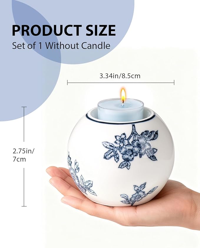 Ceramic Tealight Candle Holder, Chinoiserie Candlestick Holder for Taper Candle, Blue and White Decor, Flowers and Branches