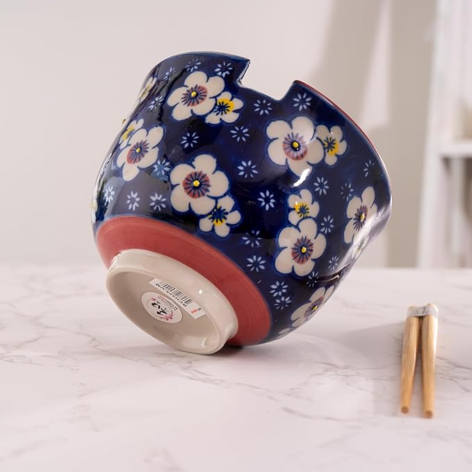 Urban Tokyo Handpainted Ceramic Glazed Japanese Ramen Udon Noodle Rice Bowl With Chopsticks 20 fl oz 5 inch Diameter Bowl Sets Color Box Packaging (Plum Blossoms)