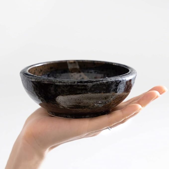 Wazakura Minoyaki Series Small Round Glazed Ikebana Flower Vase Made in Japan, Handpainted Floral Arrangement Pottery Supplies - Black with Brown White Brush