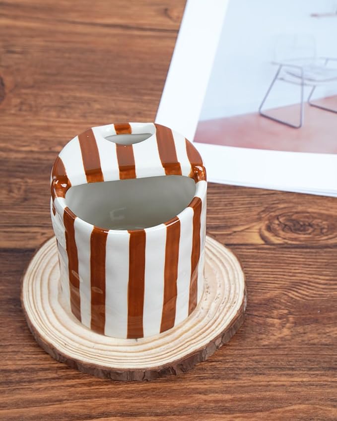 Coffee Mug Espresso Cup 10oz Ceramic Coffee Mugs Porcelain Coffee Cup Hand-Painted Striped Art Multiple Use for Kitchen, Dining-Brown