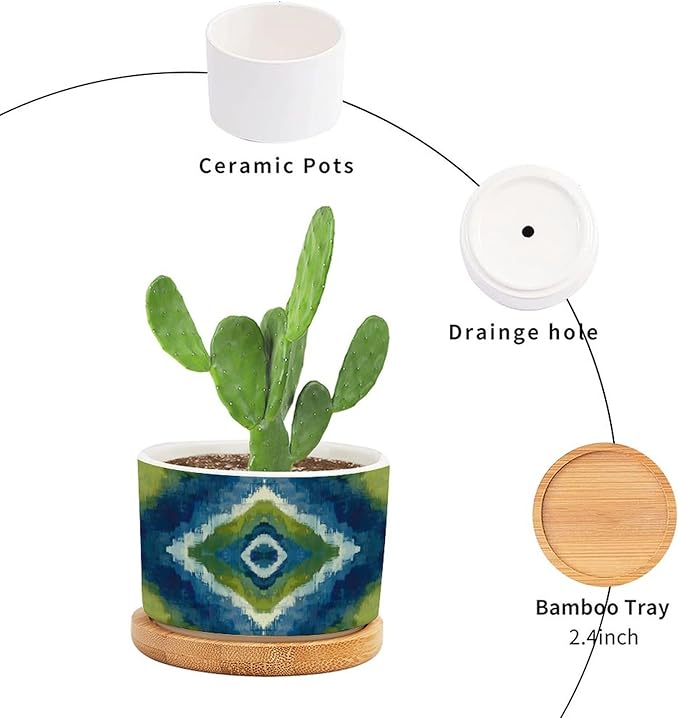 DreamAutumn Blue and Green Geometric Ikat Ceramic Pots for Plants with Drainage Holes Round Flower Pot Bamboo Tray Orchid Pot Succulents Pots for Outdoor Indoor Plants,Housewarming Gifts