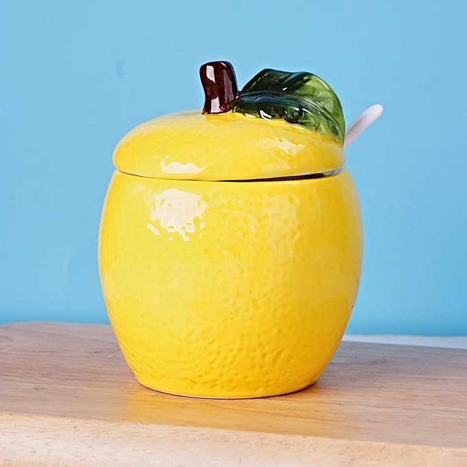 Hand-painted Ceramic Fruit Shape Sugar Bowl Spice Jar Seasoning Pot with Lid Spoon (Lemon)