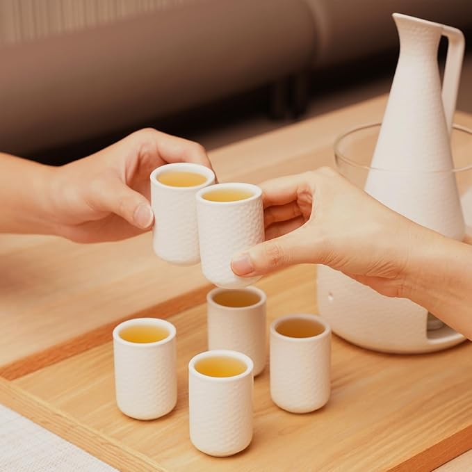 ZENS Sake Set with Warmer, 12 Ounce Embossed Ceramic Sake Bottle 6 Sake Cups and Glass Pot for Hot or Cold Japanese Sake, Sake Carafe Gift Sets with Cotton Towel