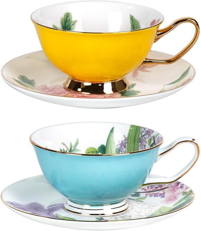 KAMMAK Tea Cups and Saucers Set of 2, Fine Bone China Coffee Cups, Stackable Espresso Mugs, Ceramic Demitasse for Coffee, Cappuccino, Latte, Americano, Tea, Peony + Hydrangea