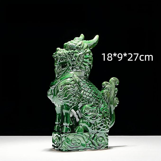 Ceramic Ornaments Auspicious Kirin Sculpture Living Room Study Desk Decoration Feng Shui Ornaments Asian Art Collection - Dark Green