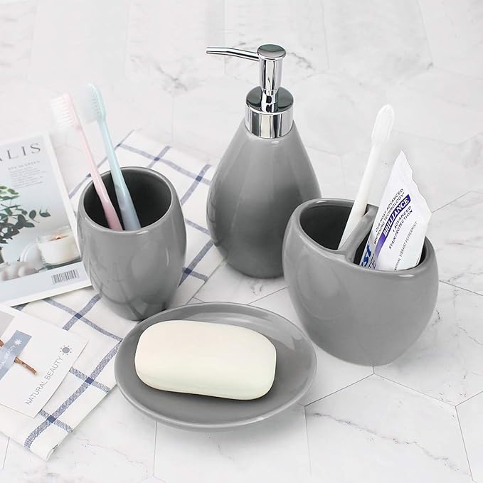 4-Piece Ceramic Bathroom Accessory Set, Bathroom Accessories Set Includes Soap Dispenser, Toothbrush Holder, Tumbler, Soap Dish, Complete Bathroom Ensemble Sets for Bath Decor, Ideas Home Gift