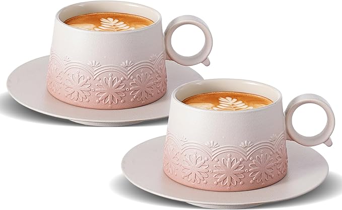 ZENS 7.3 Ounce Cappuccino Cups Set of 2, Artistic Embossed Cappuccino Mug with Saucers, Ceramic Coffee Cups for Double Espresso, Au Lait, Latte or Tea, Coffee Lovers Gifts, Pale Pink