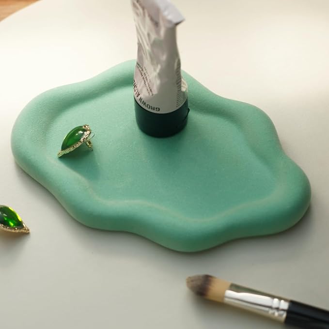 Jewelry Dish Trinket Tray for Women, Ring Dish Holder, Unique Cloud Shape Ceramic Plate Cute Things Vanity Aesthetic Room Decor Mother's Day Birthday (Flocked Green)