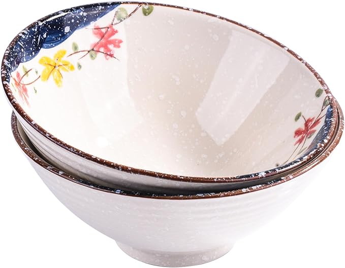 Set of 2 Japanese-Style Ceramic Noodle Bowls – 8.2 Inch Asian-Inspired Soup Ramen Pho Bowls, Microwave & Dishwasher Safe, Handcrafted Floral Design, Premium Dining Essentials for Home & Gifts