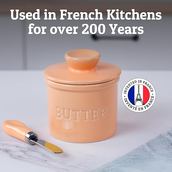 PriorityChef Butter Crock with Lid with Water Line, Ceramic French Butter Dish to Leave On Counter, Peach