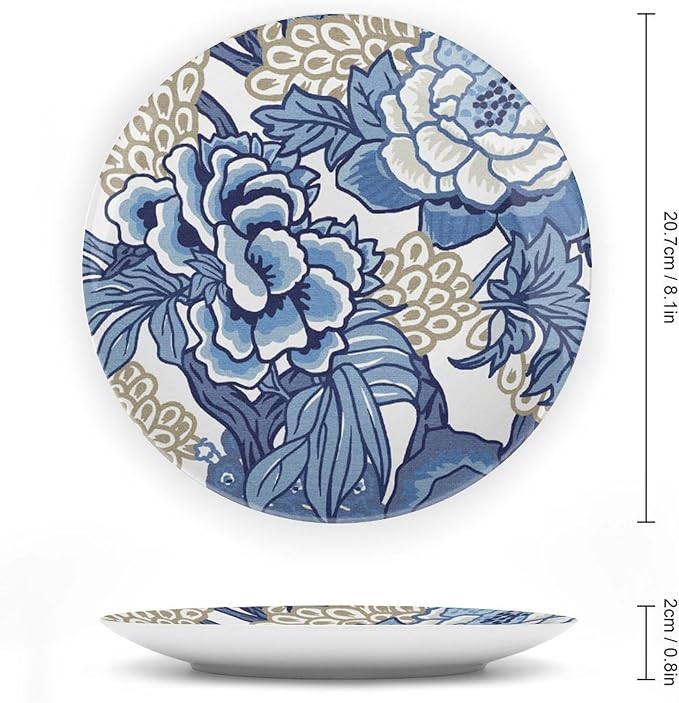 Fashion Plates Blue And Tan Peony Chinoiserie Floral Customize Decor for Wall Festival Club Wedding Hand-Painted Ceramic Decorative Plates with Vertical Stand, Multi Sizes, Gifts for Men Women