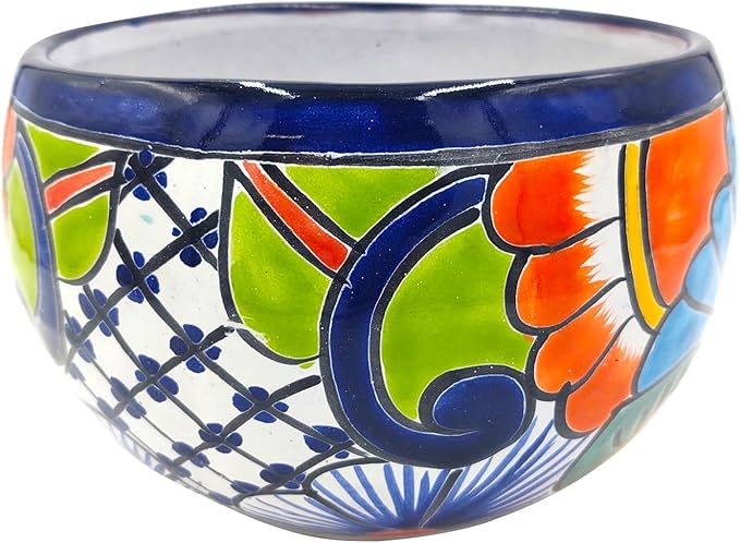 Cactus Canyon Ceramics Talavera Ceramic Planter, Hand-Painted Mexican Floral Print Plant Pot, Indoor Outdoor Round Bowl with Drainage Hole, Rustic Terracotta Decor, 8.5 Inch, Dark Blue Multicolor
