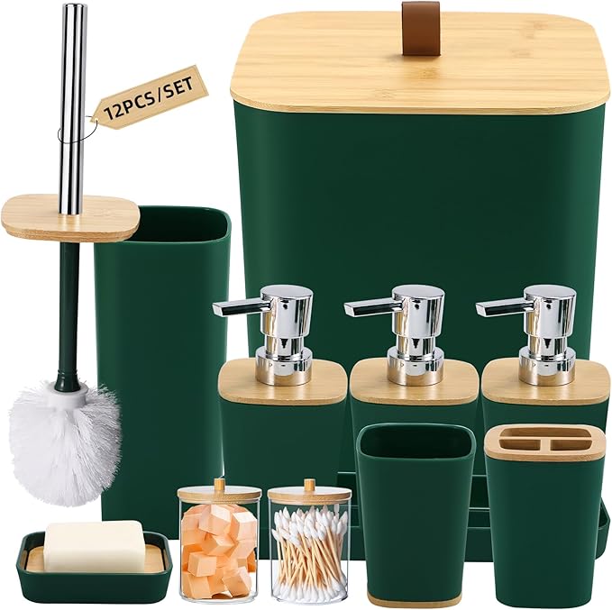 Dark Green Bathroom Accessories, Green Bathroom Accessories Set with Trash Can, Soap Dispenser, Toothbrush Holder, Toothbrush Cup, Soap Dish, Toilet Brush, Tray and Q-tip Holders