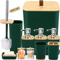 Dark Green Bathroom Accessories, Green Bathroom Accessories Set with Trash Can, Soap Dispenser, Toothbrush Holder, Toothbrush Cup, Soap Dish, Toilet Brush, Tray and Q-tip Holders