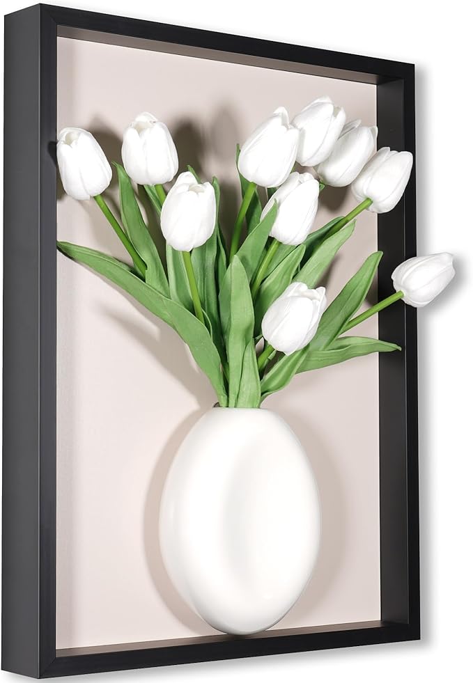 yimido 3D Wall Art Vase with Ceramic Planter, Wooden Framed Wall Decor for Flowers & Decorative Plants, Hanging Wall Vase with Faux Tulips, Modern Black Picture Frame for Living Room Bedroom