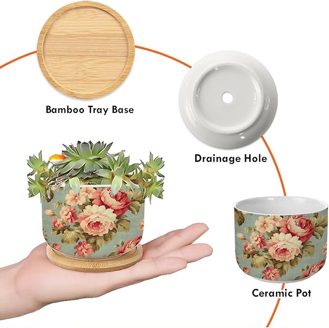 Pink Cabbage Roses Romantic Planters Ceramics Set of 1 Cottage Chic Antique Pink Flower Succulent Pot for Indoor with Bamboo Tray Japanese Chinoiserie Small Pot for Flowers