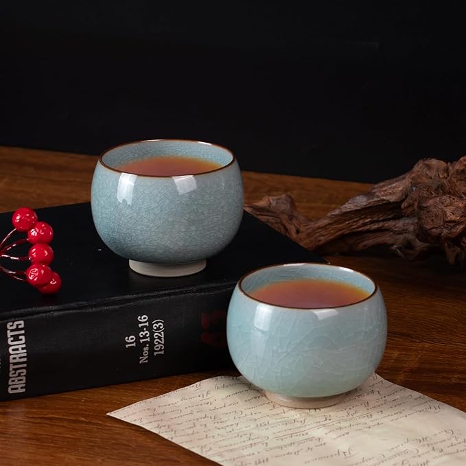 Tea Cup Set of 2 Porcelain Small Tea Cups 3.8oz Handmade Japanese Tea Cup Set, Asian Ceramic Teacups for Home, Party, Office, Chinese Kungfu Tea Set for Hot/Cold Drink (Meditation-Ice Crackle Glaze)