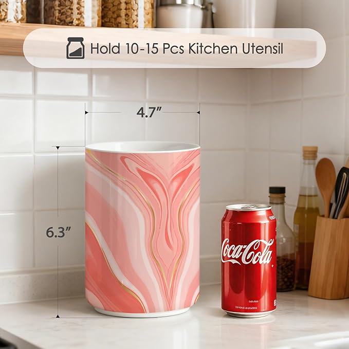 pink marble utensil holder,Countertop Ceramic Utensil Holder,Large Cooking Utensil Crocks for Kitchen Counter Decor,Ceramic Vase for Kitchen Utensils,H6.3 xD4.7(Pink marble)