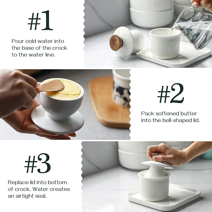 DOWAN Butter Crock for Counter, French Butter Keeper Crock with Water, Ceramic Airtight Butter Dish with Wood Knob Lid for Soft Butter, Soft White