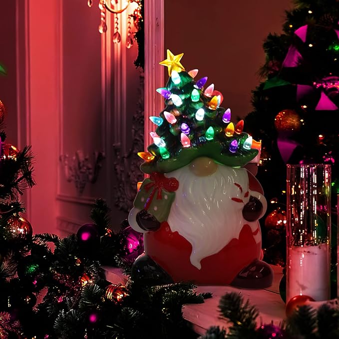 Garvee 13" Battery Powered Ceramic Santa Christmas Tree with 50 Colorful LED Lights, Vintage Tabletop Decor, Holiday Candy Jar for Home, Desk, Office & Gift