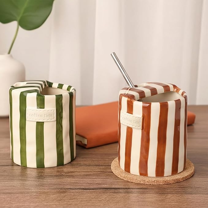 2 Pack Ceramic Coffee Mug with Sip Hole Espresso Cup 10oz with Straws Retro Hand Painted Striped Porcelain Coffee Tea Cup Cappuccino Latte Mug for Kitchen Dining Travel (Green,Brown)