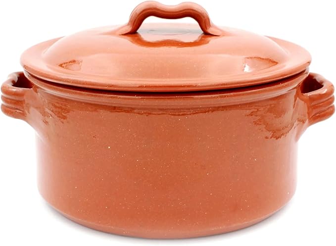 Handmade Traditional Portuguese Pottery Clay Terracotta Cazuela Cooking Pot With Lid (N.2 (7.25"" Diameter)), Brown