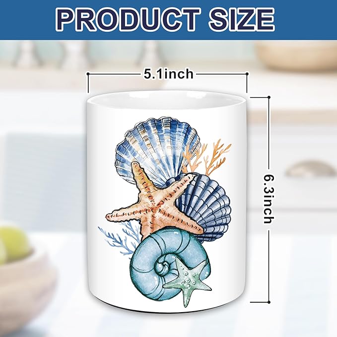 JarThenaAMCS Summer Coastal Ceramic Utensil Holder Starfish Seashell Utensil Crock for Beach Home Kitchen Countertop Storage Organizer Container