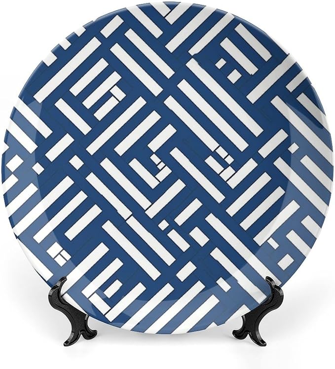 Lacefield Trellis Print Geometric Blue Ceramic Decorative Plate, Bone China Decorative Plate for Club Household Festival Decor, Unique Art with Stand Art Decorations for Display Housewarming Gifts