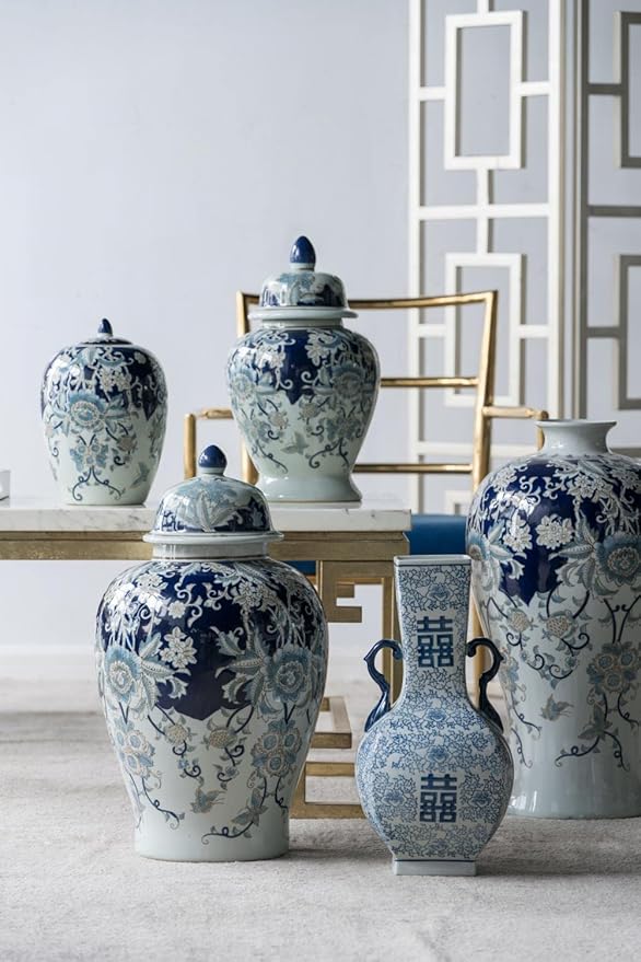 A&B Home 23" Tall Porcelain Vase with Lid Ceramic Blue and White Floral Print Ginger Jar Display Storage Asian Decor Centerpiece
