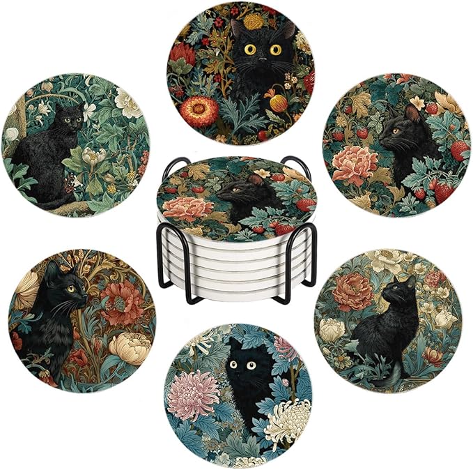 Vintage Absorbent Coasters with Holder Set of 6, Ceramic Stone with Cork Base, Black Cat Floral Design, Gift for Housewarming Room Bar Home Decor Kitchen