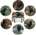 Vintage Absorbent Coasters with Holder Set of 6, Ceramic Stone with Cork Base, Black Cat Floral Design, Gift for Housewarming Room Bar Home Decor Kitchen