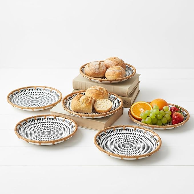 Round Rattan Ceramic Tray, Wicker Fruit/Bread/Cookie/Jewelry Small Storage Porcelain Serving Plate, Vintage Decorative Display Plate for Coffee Table Home Decor Wedding Party Gift （Black Waterdrop）
