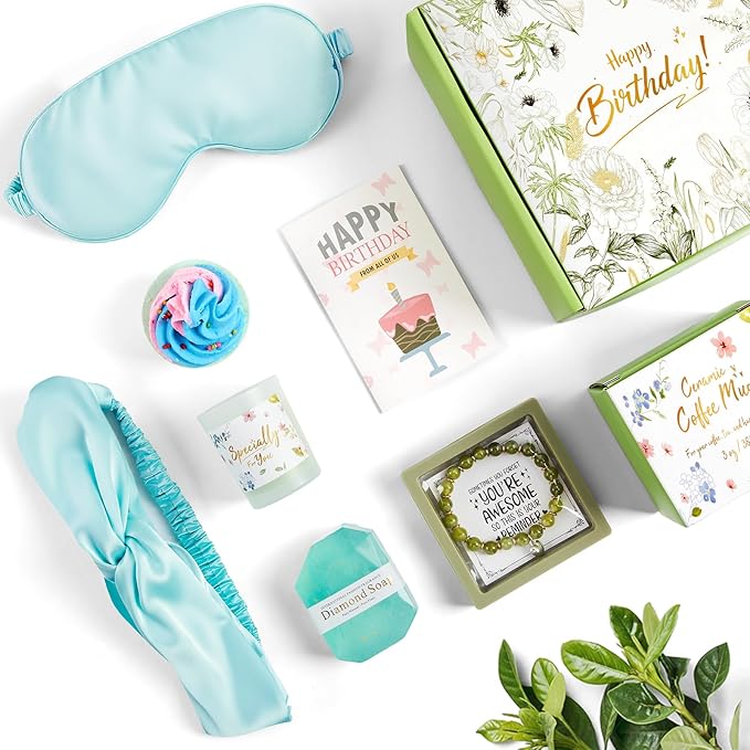 Mug Gift Birthday Gifts Set for Women, Spa Baskets Gift Box Unique Happy Birthday Gifts Ideas for Women Mom Her Friend Sister Wife Daughter Girlfriend Coworker, Ceramic Mug 12 OZ (Blue)