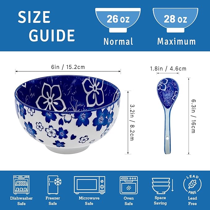 Japanese Ceramic Bowls Set of 6, 28 Oz Large Asian Porcelain Ramen Soup Salad Cereal Noodle Bowl with 6 Spoons, Deep Bowl for Kitchen Decor and Housewarming Gift, Dishwasher & Microwave Safe