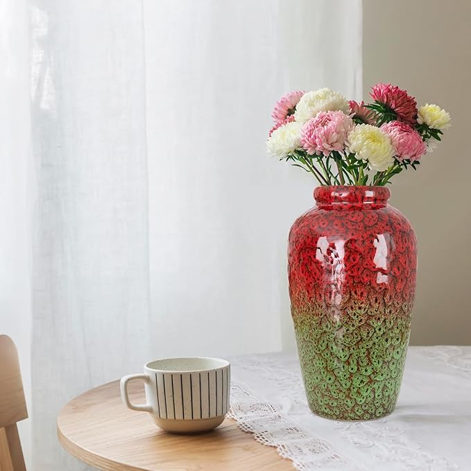 Unique Ceramic Flower Vase, Modern Home Decor for Living Room, Tables, Shelves & Enterways,11Inch Tall Red Green Vase Gift for Housewarming, Wedding, Birthday