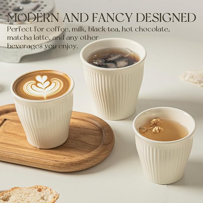 KEMORELA Espresso Cups Set of 3 – 5.5oz/7oz/10oz Ceramic Espresso Cups, Handleless Mug, Japanese Tea Cups， Ceramic Cups no Handles， Microwave and Dishwasher Safe, Barista Use, Asian Matcha Cup, White