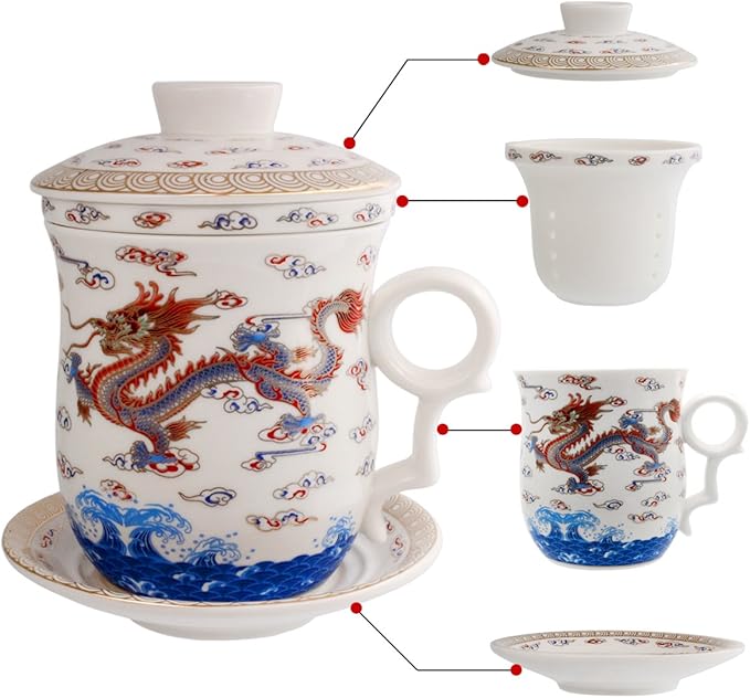 PLESIU Tea Talent Porcelain Tea Cup with Infuser Lid and Saucer Sets - Chinese Jingdezhen Ceramics Coffee Mug Teacup Loose Leaf Tea Brewing System for Home Office