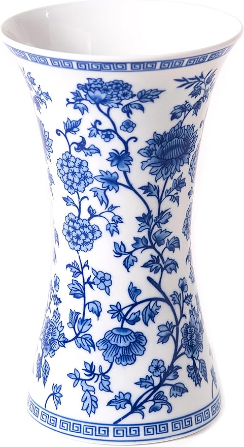 Modern Blue and White Porcelain Vase - Chinoiserie Ginger Jar for Home Decor, Floral Arrangement, 11-Inch Height Handcrafted Ceramic Vase