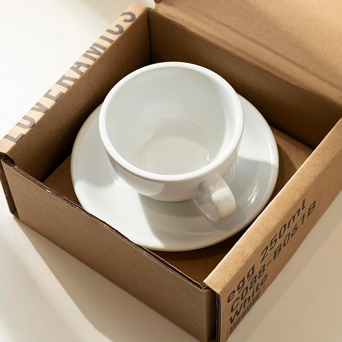 Loveramics Cappuccino Cup with Saucer, 8 oz Ceramic Coffee cup with Round Bottom for Cappuccino, Latte, Tea, Espresso, Thick-walled Stoneware Cup Set for Barista - Regular Colours (White, 8OZ)
