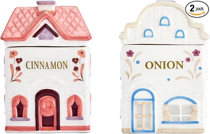 Bico Spice Cottages Pink and White 4 oz Ceramic Spice Jar Set of 2 with Labels, Hand-Painted, Airtight Kitchen Spice Container Organizer
