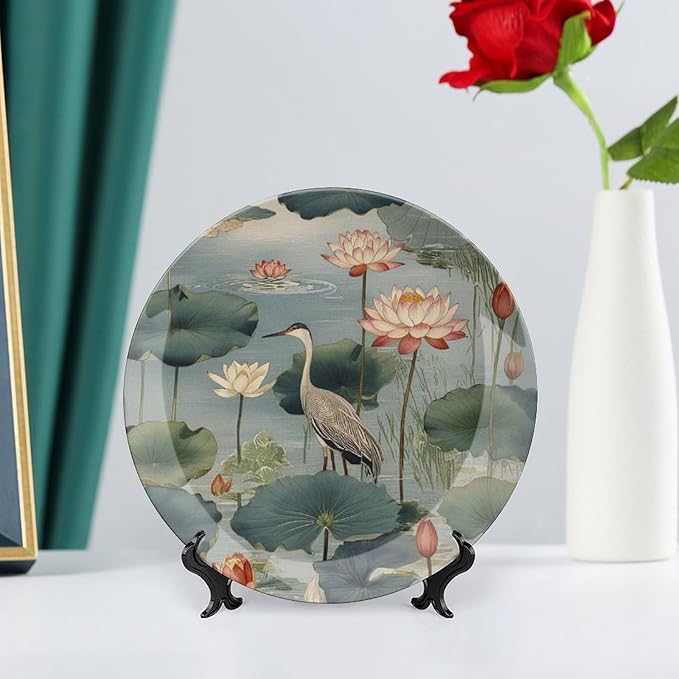 Birds And Lotus Flowers Fashion Plates for Display Art Decoration Table Supplies Household Wall Holiday Party Decorations Personalized Gifts for Men Women Halloween, 6", 7", 9", 10"