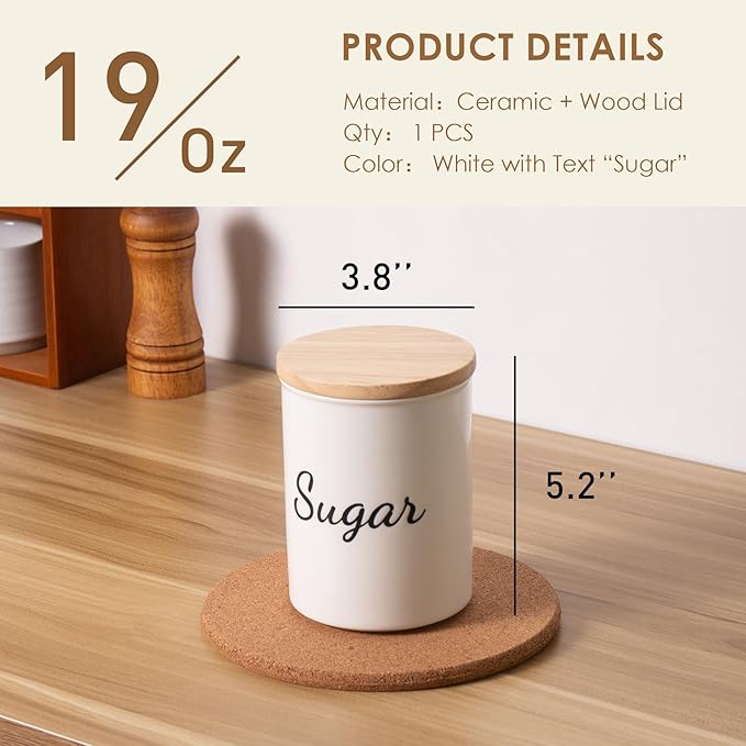 Ceramic Sugar Container With Lid, 19 Oz Small Jar, Food Storage Canister, White With Black Text