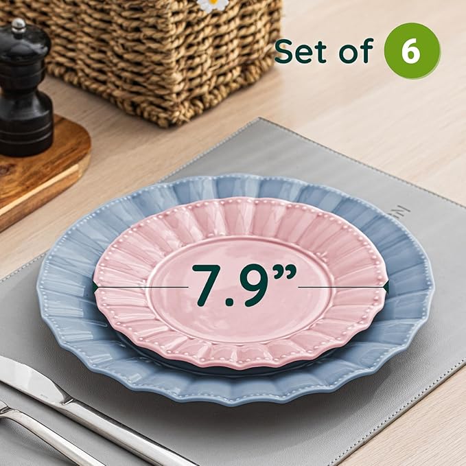 HOMBENE Dessert Plates 8 Inches Set for 6 Ceramic Serving Plates,plates for Cake Waffles, Snacks, Pasta, Noodle,Dinner, Microwave & Dishwasher Safe, Wavy Style (Mixed Colors)