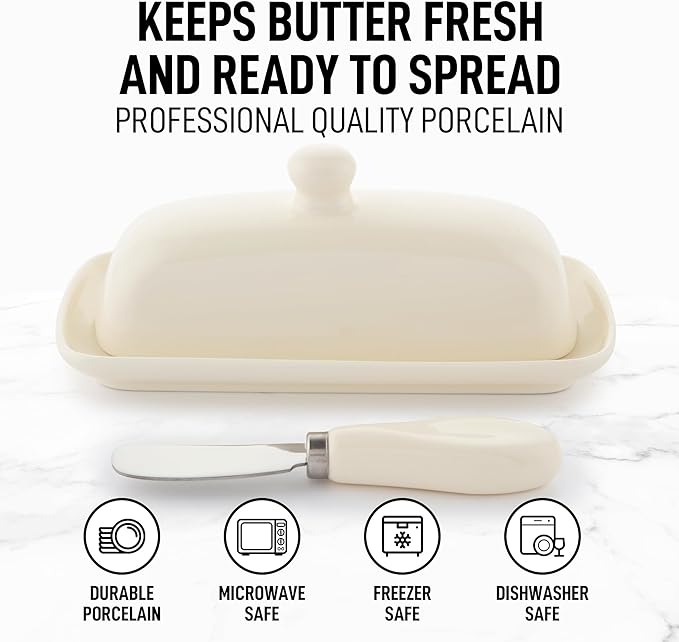 Zulay Butter Dish With Lid For Countertop - Porcelain Ivory, Ceramic Butter Dish with Knob Handle Great for Cooking - Elegant Design Butter Holder - Durable & Sturdy Butter Keeper - Ivory