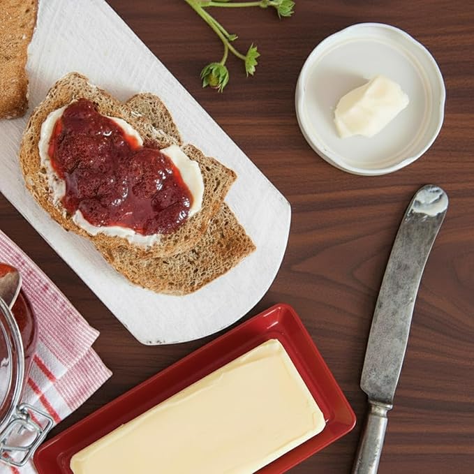 WERTIOO Butter Dish with Lid, Ceramic Butter Dish with Lid for Countertop for 1 Stick. Textured Tray for Non Slip Storage with Stainless Steel 3 in 1 Butter Spreader, Red