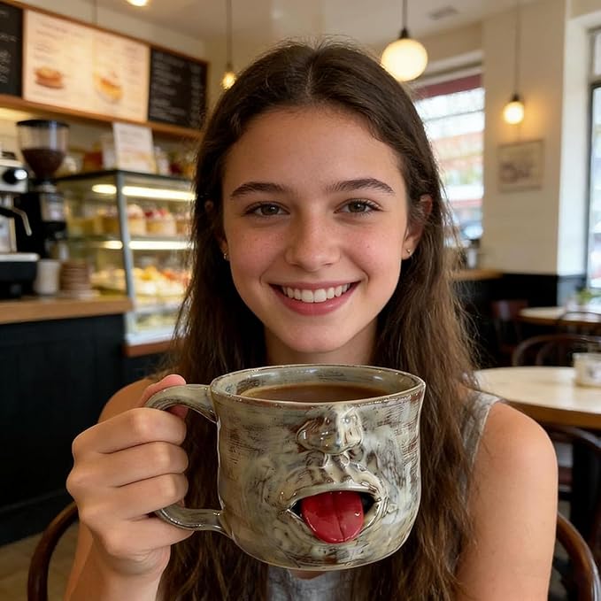 Handmade Face-Shaped Ceramic Mug, Sculptural Coffee Cup with Tongue, Artistic Sculptural Facial Cup, Funky Novelty Handmade Cup for Office And Home, Gag Gifts for Friends.