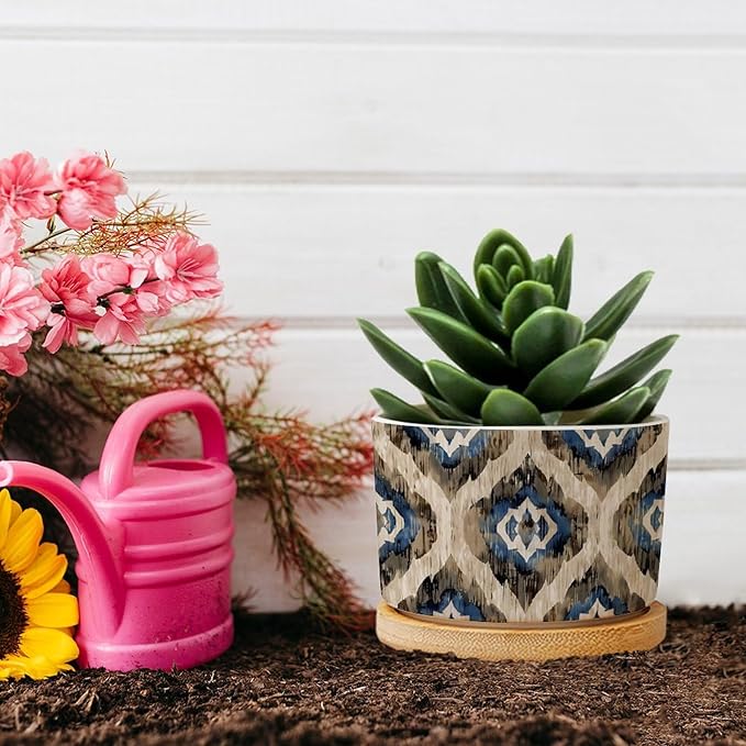 DreamAutumn Indigo Ikat Abstract Blue Ceramic Pots for Plants with Drainage Holes Round Flower Pot Bamboo Tray Orchid Pot Succulents Pots for Outdoor Indoor Plants,Housewarming Gifts